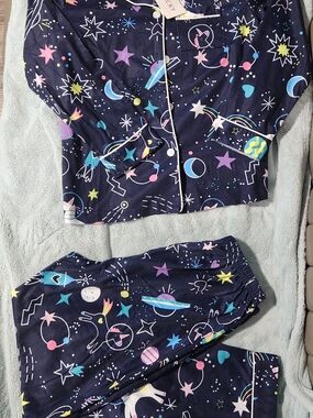 Unbranded Kids Navy Space Print Pajama Set with Pastel Stars